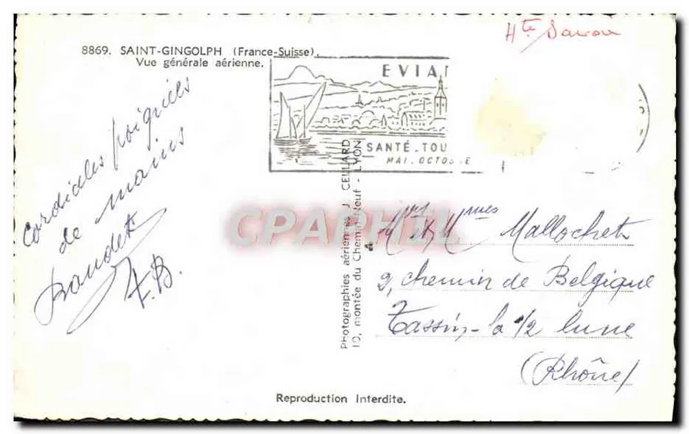 Saint-Gingolph (França-Suíça) — Vista geral aérea — J. Cellaard, n°8869 - Verso