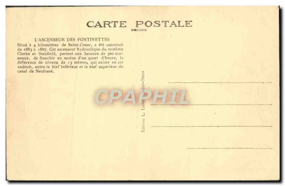 Arques, nahe Saint-Omer (P. de-C.) — Der Aufzug der Fontinettes — Verlag L. Loïez, Saint-Omer - Rückseite