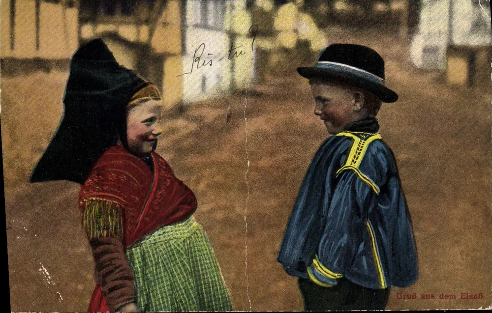 Kinder in traditioneller Kleidung — Elsass — Verlag J. Manas & Cie, Straßburg - Vorderseite