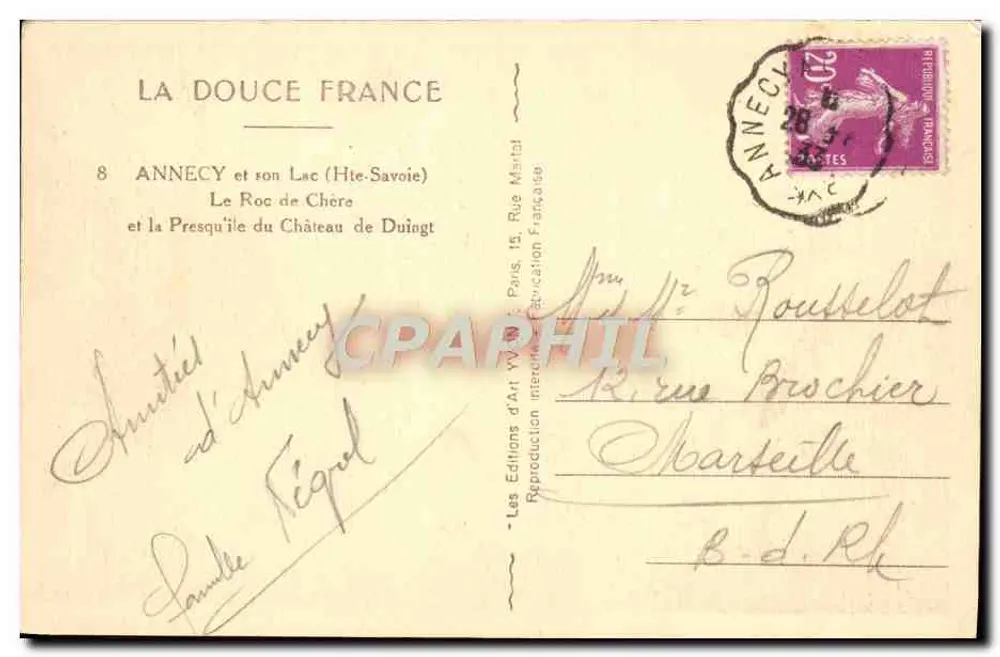 Annecy e seu Lago (Alta Saboia) — O Roc de Chère e a Península do Castelo de Duingt — Edições de Arte Yv. Marial - Verso