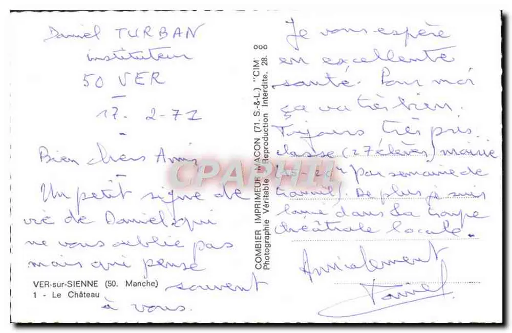 Ver-sur-Sienne (50) - O Castelo — Combière Imprimeur Macon, n°1 - Verso