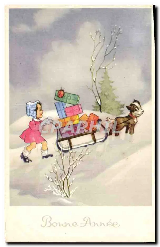 Kind und Hund, der einen Schlitten mit Geschenken zieht — Frohe Weihnachten — Verlag nicht sichtbar - Vorderseite