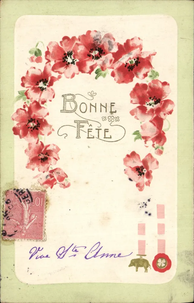 Glückliches Fest — mit roten Mohnblumen verziert — Verlag K.F. GUTTIER, Paris, Serie 749 - Vorderseite