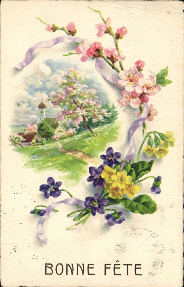 Frühlingslandschaft mit Blumen — Frohe Geburtstagskarte — Verlag nicht sichtbar - Vorderseite