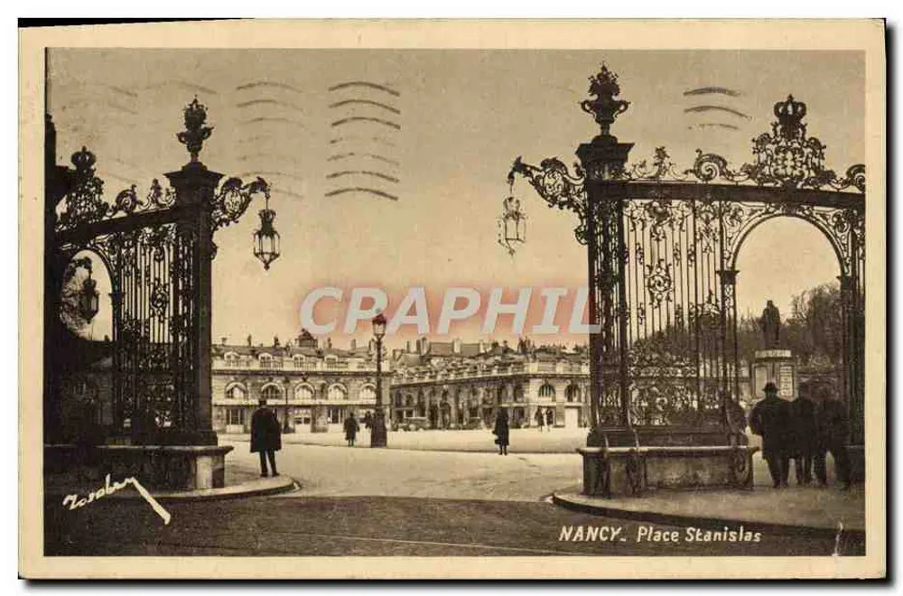 NANCY. Place Stanislas — entrée monumentale ornée de lanternes et statue — éditeur Rasler - Frente