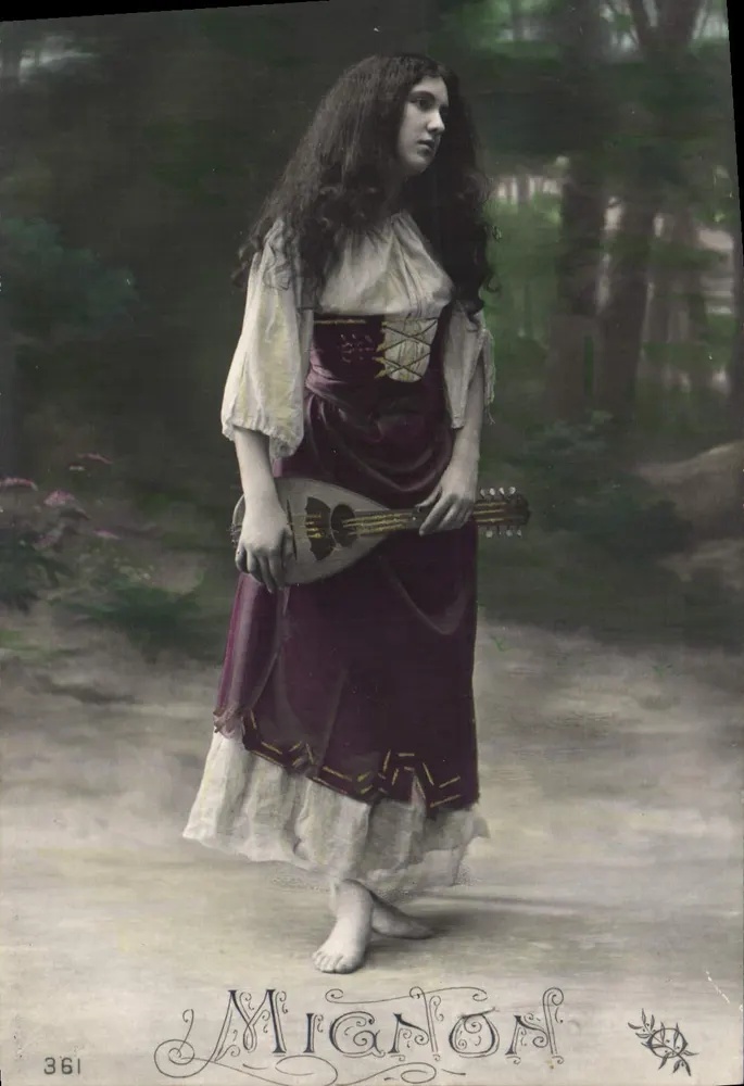 Junge Frau in mittelalterlichem Kleid, die eine Mandoline hält — Mignon, n° 361 - Vorderseite