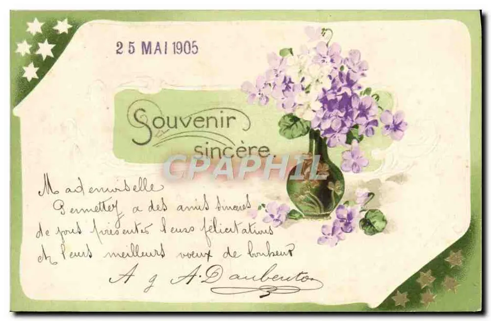 Violetas — Lembrança sincera — série 748, editor M.F. PERRAUD & Fils - Frente