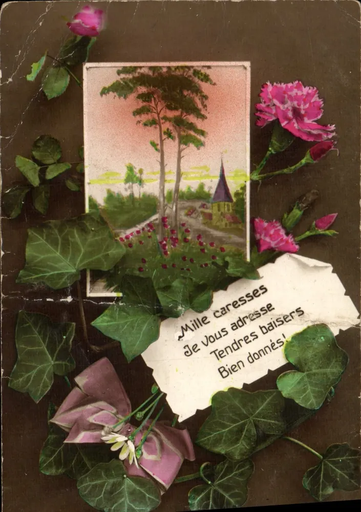 Carte postal decorativa — paisagem com igreja — texto impresso e manuscrito - Frente