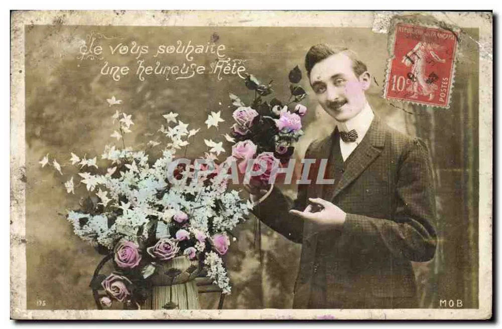 Homme avec bouquet de roses — scène de vœux — éditeur MOB, n° 175 - Vorderseite