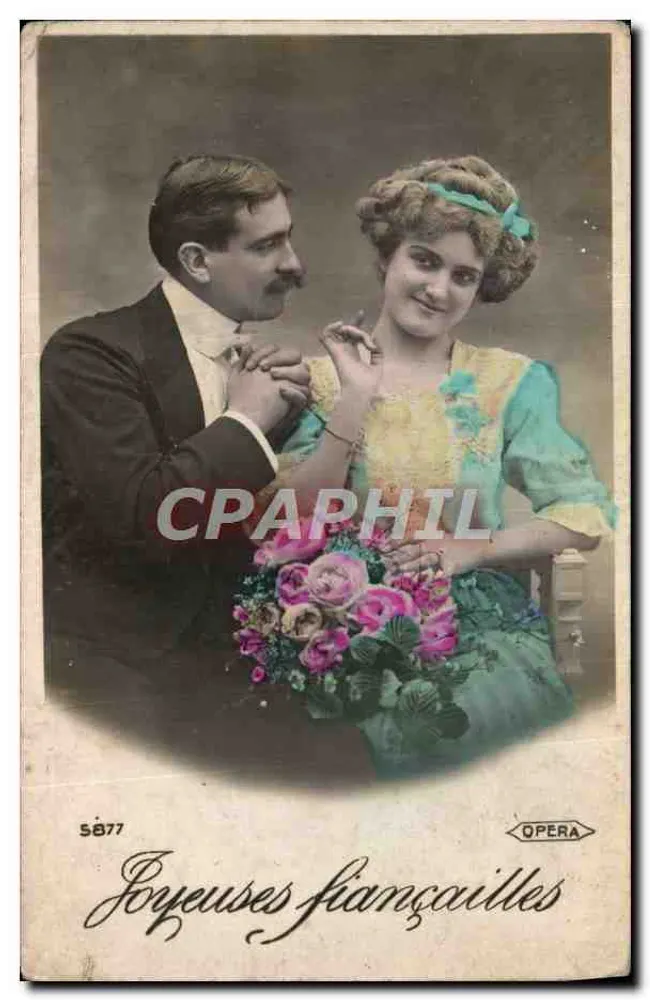 Fröhliche Verlobung — Paar-Szene mit Blumenstrauß — Verlag OPERA, Nr. 5877 - Vorderseite