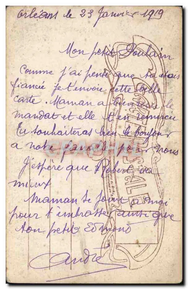 Fröhliche Verlobung — Paar-Szene mit Blumenstrauß — Verlag OPERA, Nr. 5877 - Rückseite