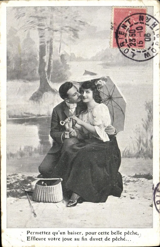 Couples amoureux — scène de pêche romantique — éditeur non visible, n° de série non lisible - Vorderseite