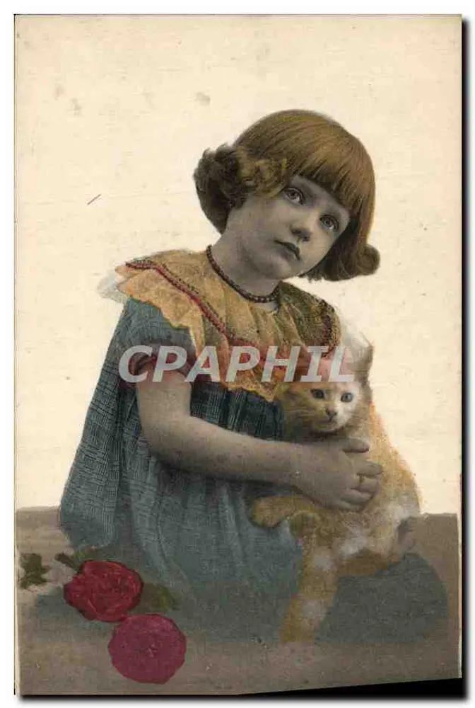 Mädchen mit Katze — rote Rosen — französische Herstellung M.L. Paris, Serie n° 701-G - Vorderseite