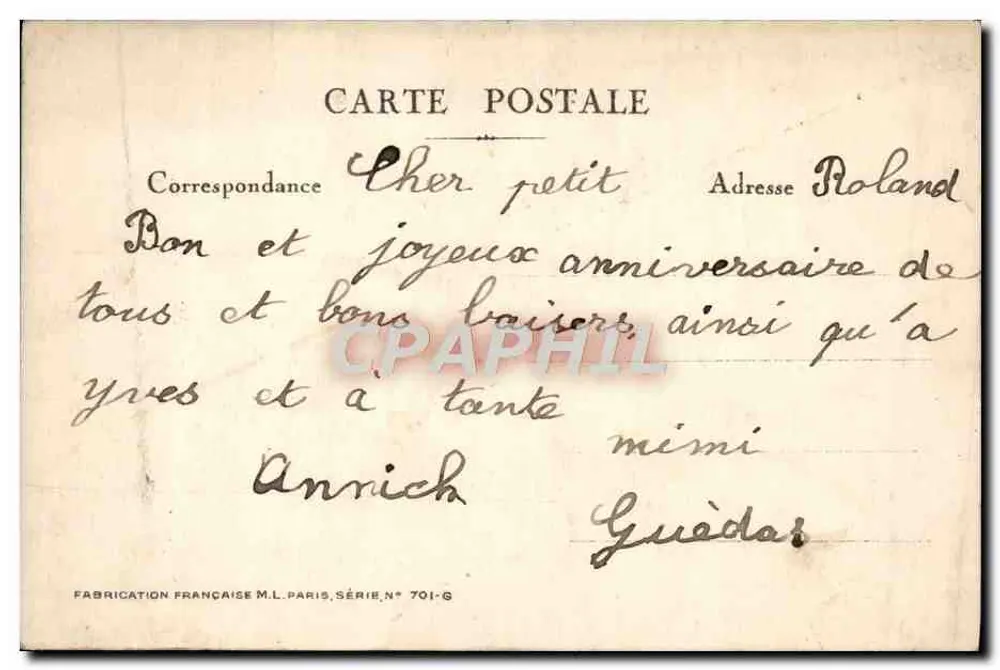 Mädchen mit Katze — rote Rosen — französische Herstellung M.L. Paris, Serie n° 701-G - Rückseite