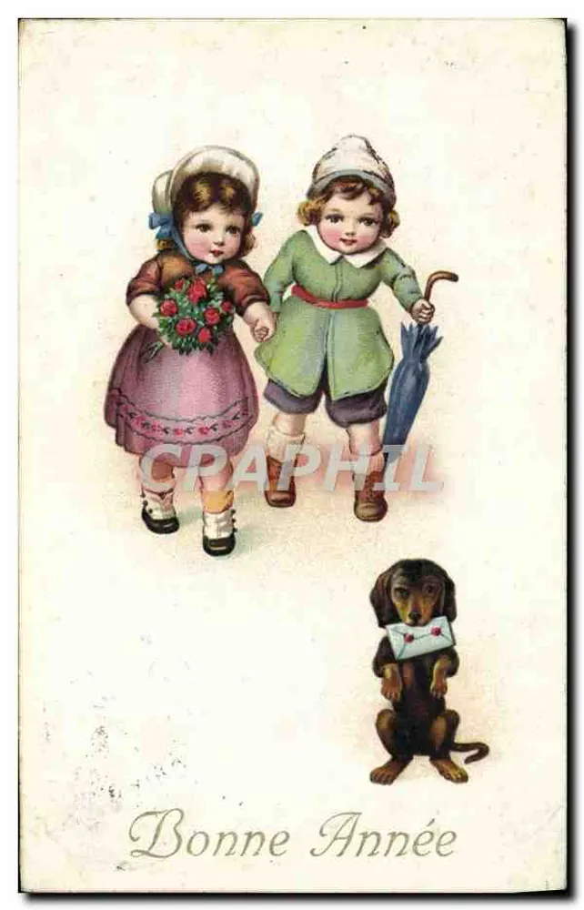 Zwei Kinder und ein Hund — Frohe Neujahr — Verlag nicht sichtbar - Vorderseite