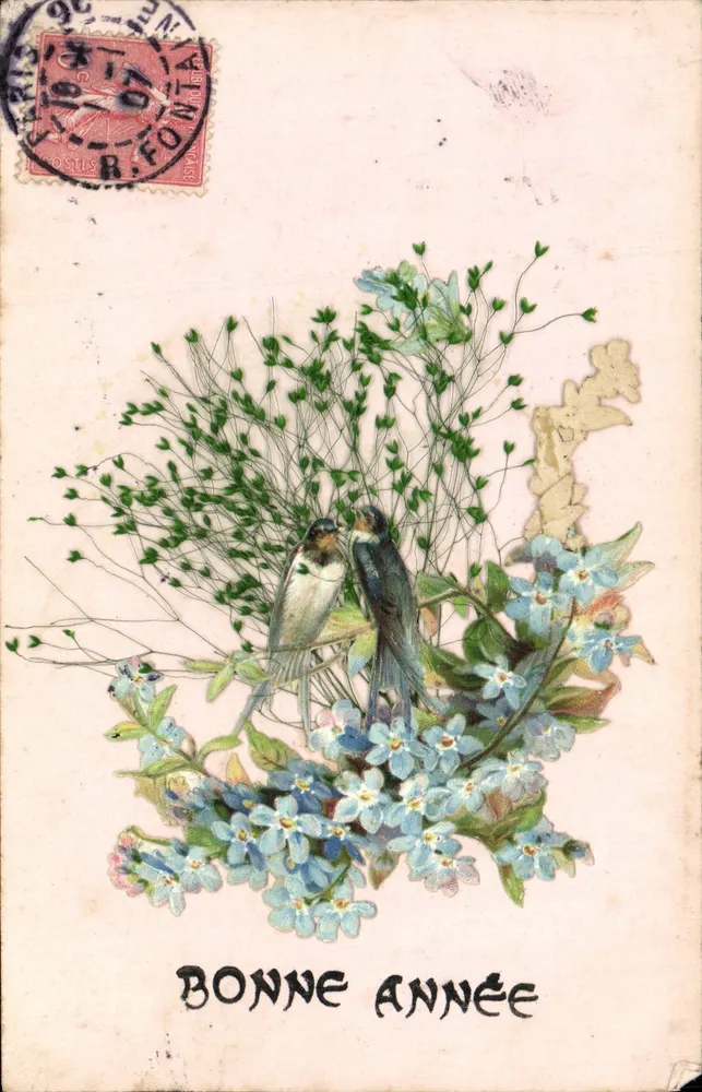 Dois pássaros entre flores — Boa Ano — Editor Costis, série não identificada - Frente