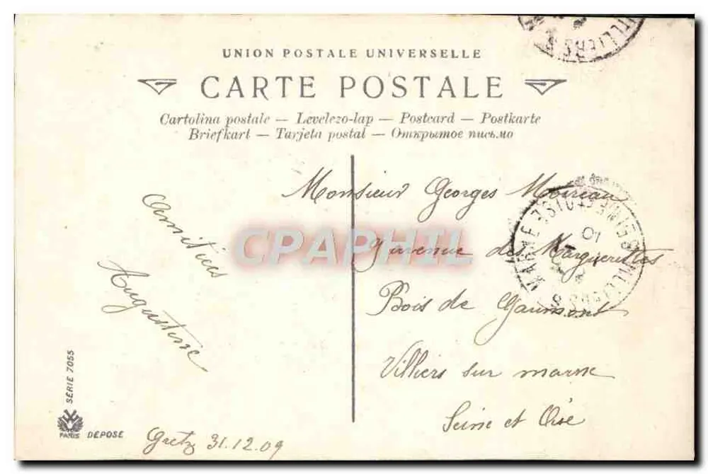 Frau mit Blumenstrauß — Beste Wünsche — Karteikarte Serie 7055, herausgegeben von Union Postale Universelle - Rückseite