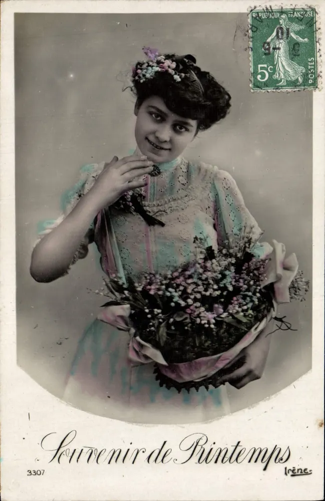 Junge Frau in bunter Kleidung — Erinnerung an den Frühling — Irène, n°3307 - Vorderseite