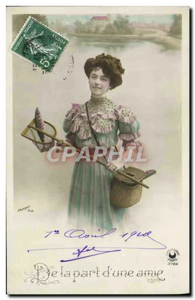 Frau in einem Rüschenkleid, die ein Netz und einen Korb hält — Anaphew, Paris — n° 3782 - Vorderseite
