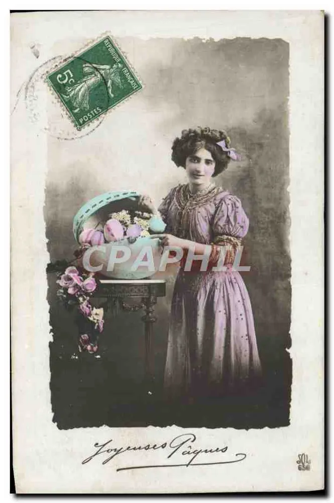 Frau in violettem Kleid mit Blumenkorb — Frohe Ostern — Verlag SOL, Nr. 654 - Vorderseite