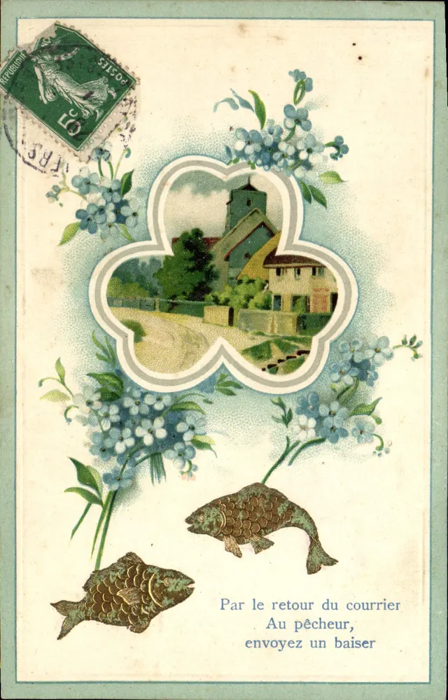 Pescador — carta postal decorada com peixes e flores — editor desconhecido - Frente