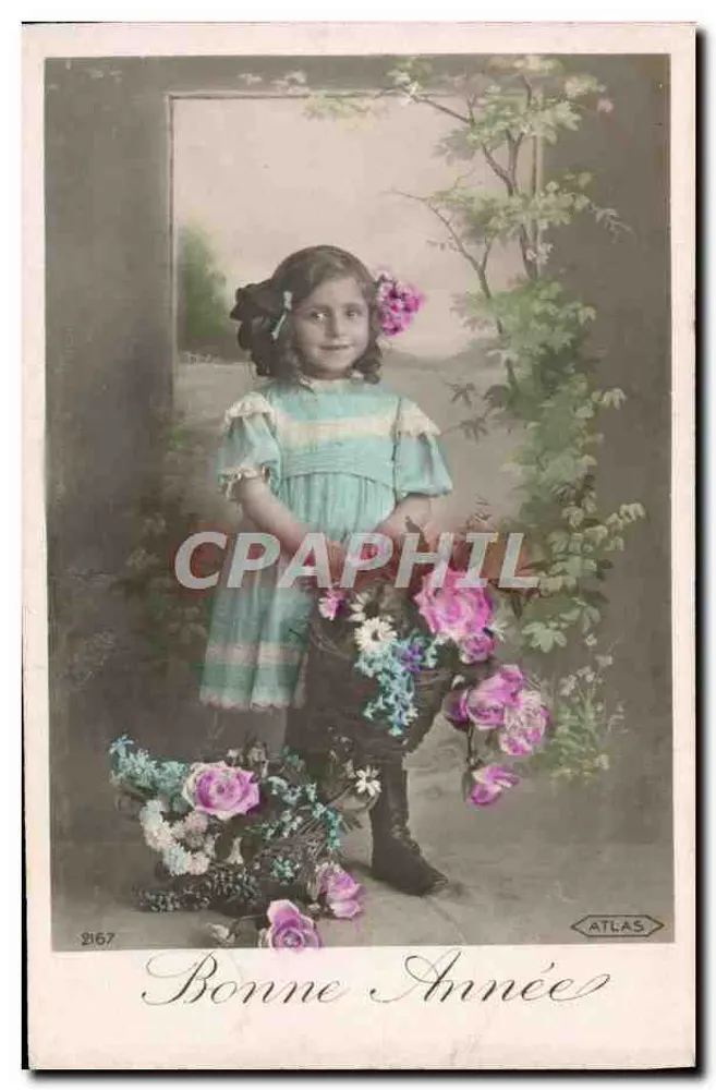 Mädchen in blauer Kleidung mit Blumenkorb — Atlas Nr. 2167 — Frohe Weihnachten - Vorderseite