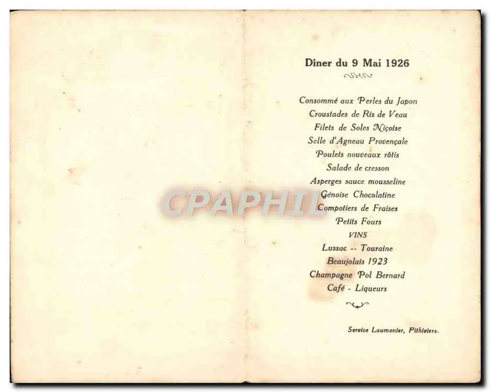 9 मई 1926 के डिनर के मेनू — सर्विस लॉमोनियर, पिथलिवियर - पीछे