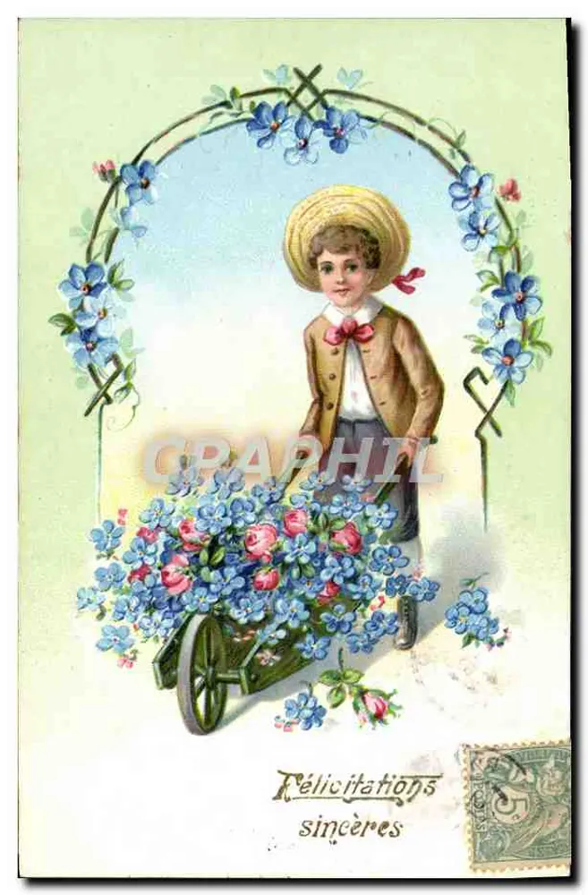 Kind mit Blumenwagen — Herzliche Glückwünsche — Verlag nicht sichtbar - Vorderseite