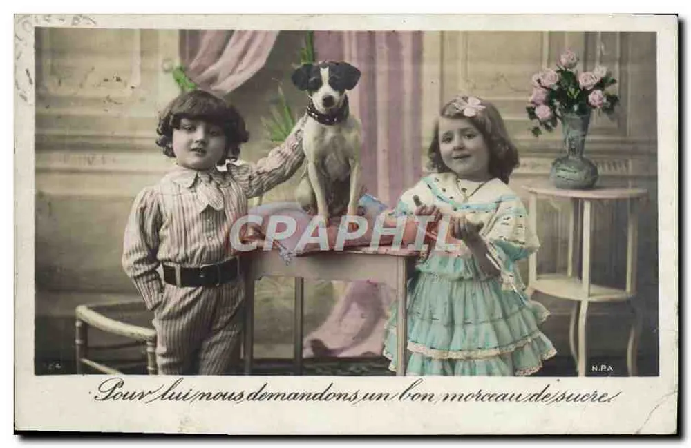 Deux enfants et un chien — scène intérieure avec vase de roses — éditeur N.P.A. - Vorderseite