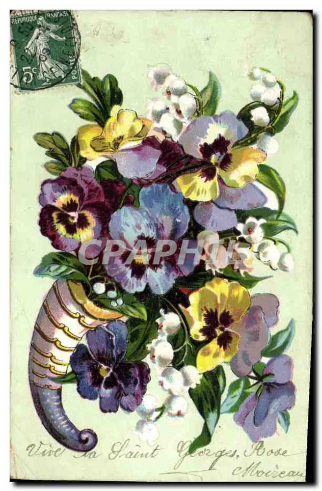 Bouquet de pensées et de muguet — dans un cornet décoratif — éditeur non visible - Frente