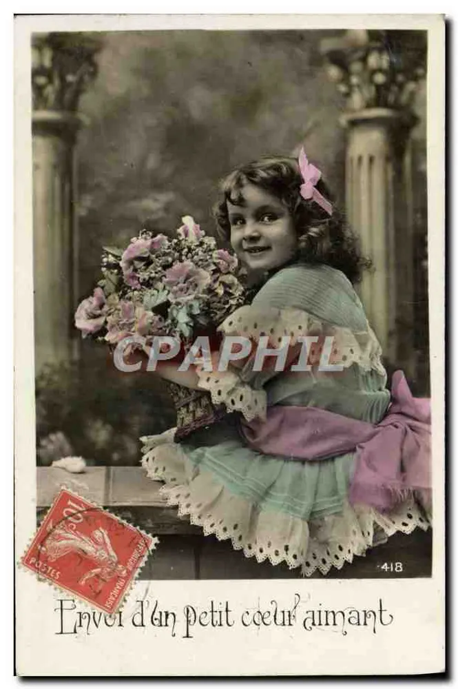 Kleine Mädchen mit Blumenstrauß — Ein kleines liebendes Herz senden — Serie 418, Verlag unbekannt - Vorderseite