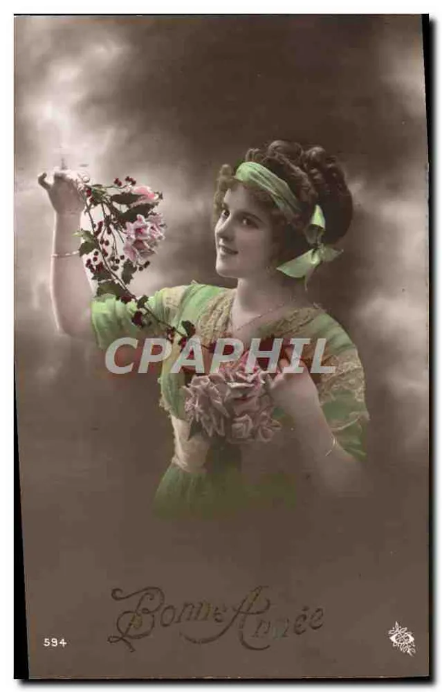 Junge Frau in grünem Kleid mit Blumenbouquet — Frohes Neues Jahr — anonymer Verlag, Nr. 594 - Vorderseite