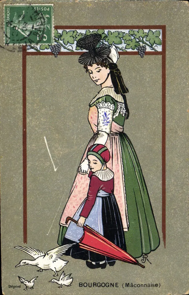 Burgundien (Mâconnaise) — Frau und Kind in traditionellem Kleid mit Enten — Verlag nicht sichtbar - Vorderseite