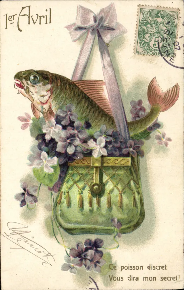 Peixe em uma bolsa de mão — 1º de Abril — editor Y. Giricot - Frente