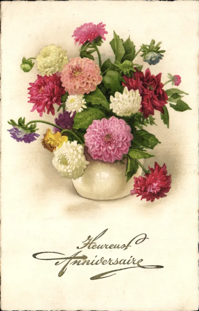 Blumenstrauß aus Dahlien — Geburtstag — unbekannter Verlag, Seriennummer nicht sichtbar - Vorderseite