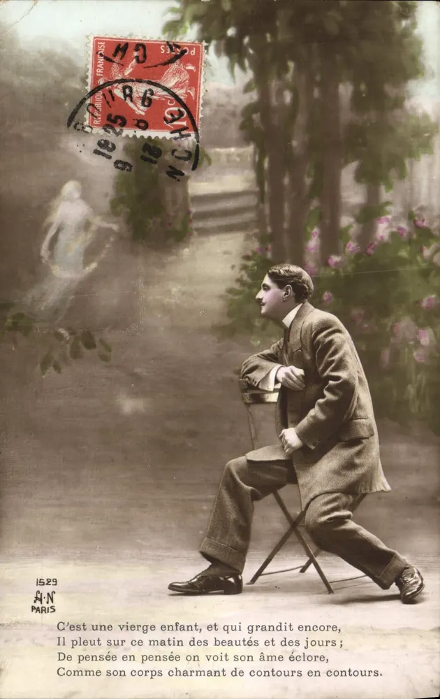 Jovem sentado em um parque — poema impresso — editor A.N. Paris, n° 1529 - Frente