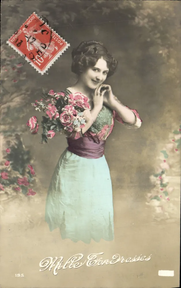 Frau in gestreiftem Kleid — Rosenstrauß — Verlag Millet & Cie, Nr. 195 - Vorderseite