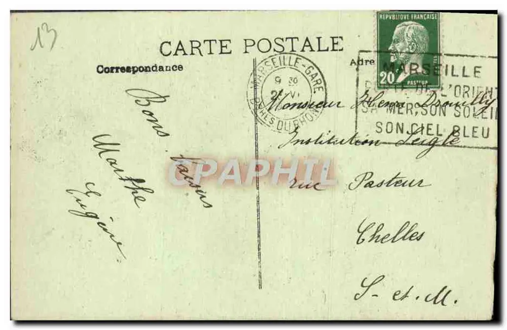 Marseille. Fontein Cantini — uitzicht op de plein met zuil en beelden — uitgever niet zichtbaar - Achterkant