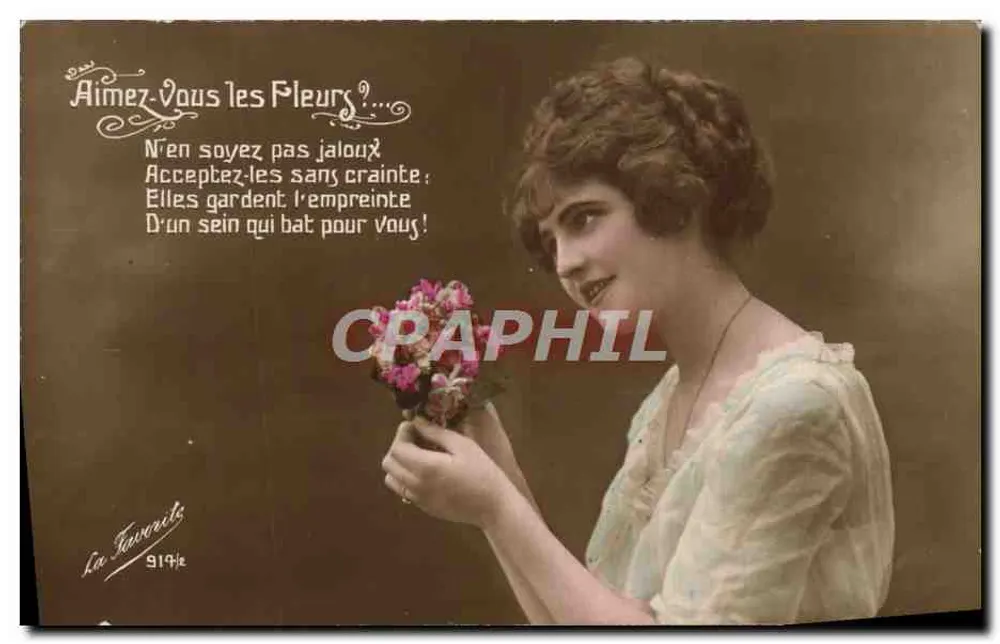 Frau mit Blumenstrauß — poetischer Text — La Favorite, n° 914 - Vorderseite