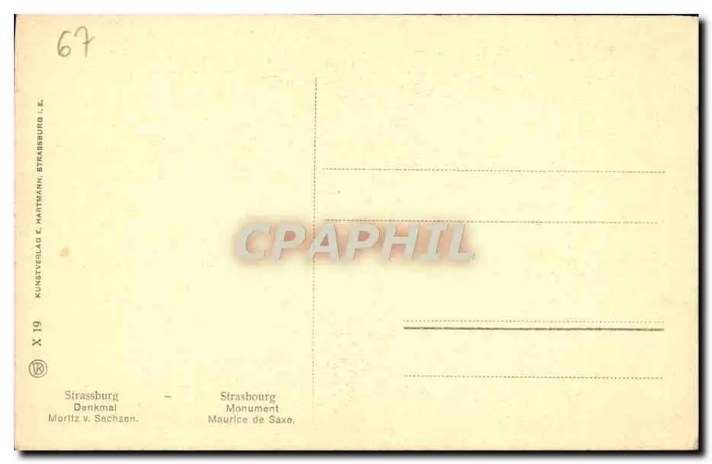 Monumento de Maurice de Saxe em Strasbourg — editor Kunstverlag E. Hartmann, n° X 19 - Verso