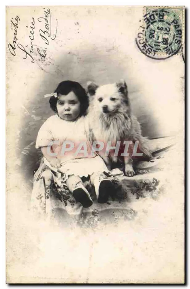 Mädchen und Hund — Studiofoto — Verlag B. DE FUREST, Paris - Vorderseite