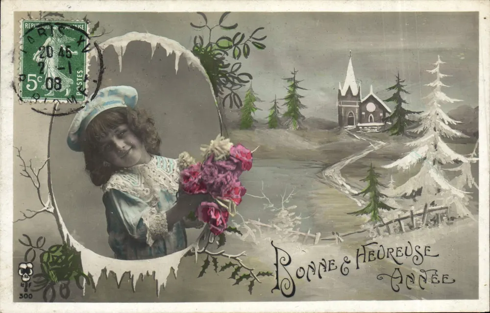 Mädchen mit Blumenstrauß — winterliche Szene mit Kirche — Verlag Union Postale Universelle, Nr. 300 - Vorderseite