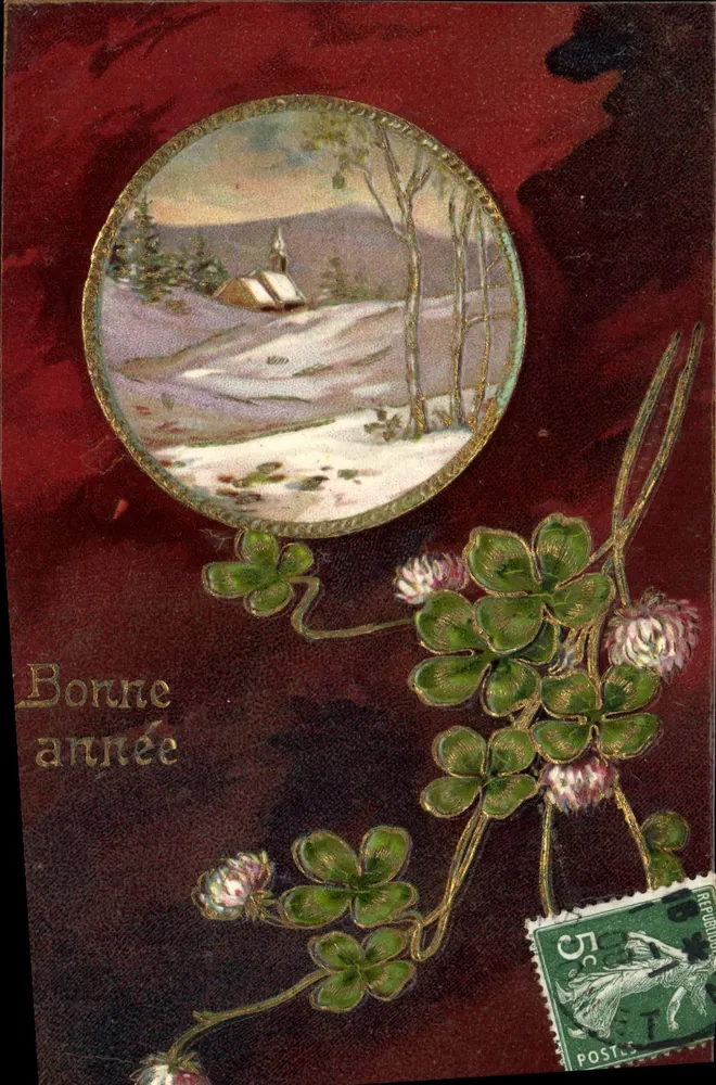 Champagne — winterlandschaft mit kirche — weihnachtskarte - Vorderseite