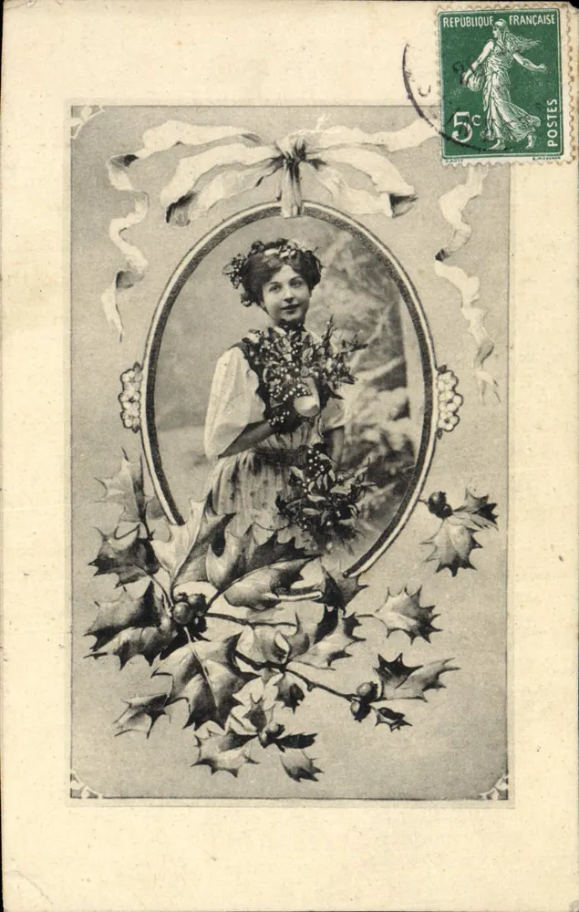 Junge Frau mit Blumenschmuck — dekorative Ansichtskarte — Serie 7055, Paris - Vorderseite