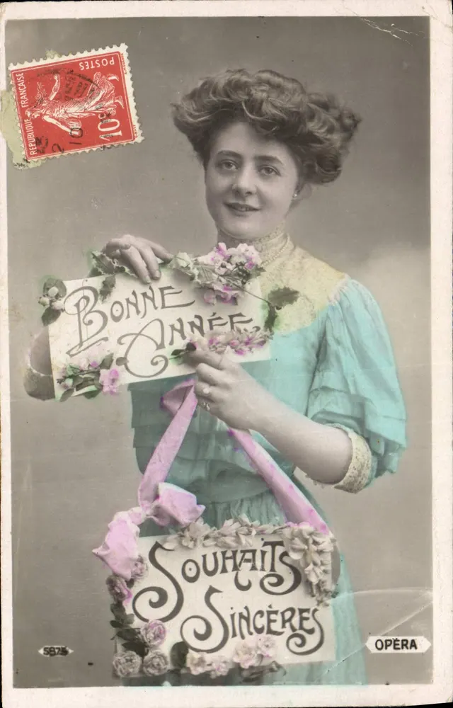 Jeune femme — tenant un panier de fleurs avec inscription 'Bonne Année, Souhaits Sincères' — éditeur OPÉRA - Vorderseite