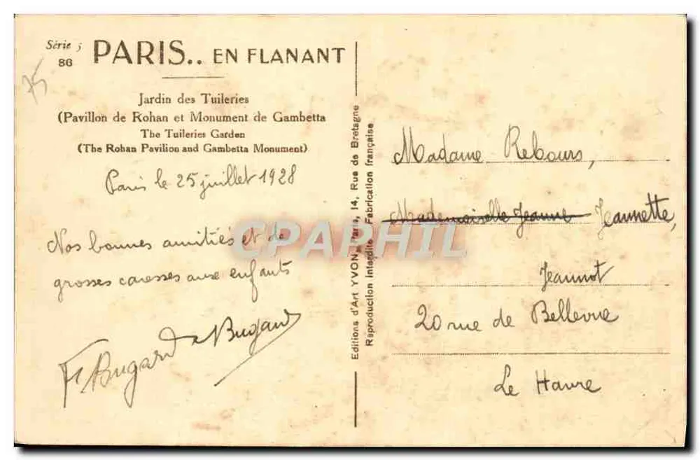Jardin des Tuileries — Pavillon de Rohan und Monument de Gambetta — Éditions d'Art YVON, Paris - Rückseite