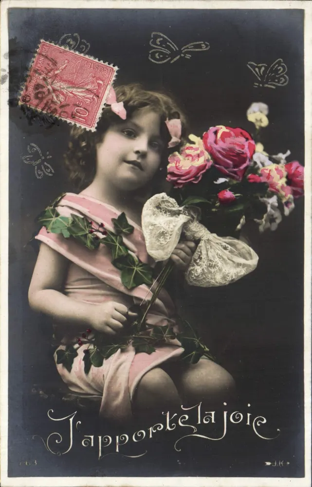 Menina em vestido rosa segurando um buquê de rosas — J'apporte la joie — J.K. — n° 63 - Frente