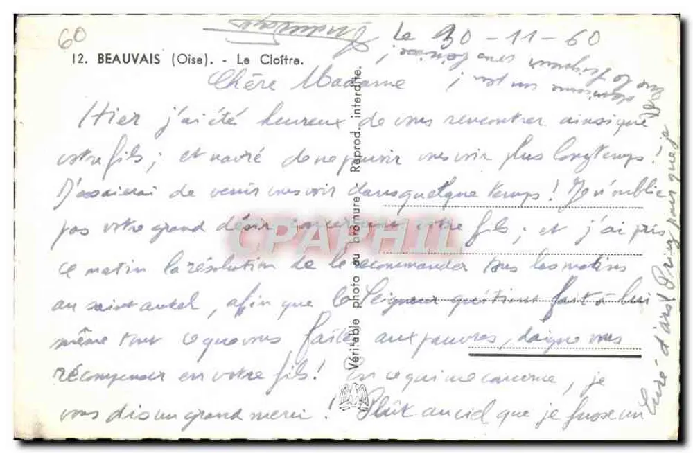 Beauvais (Oise) - O Claustro — Bilhete postal antigo n°60, editor 'Reprod. Interch.' - Verso