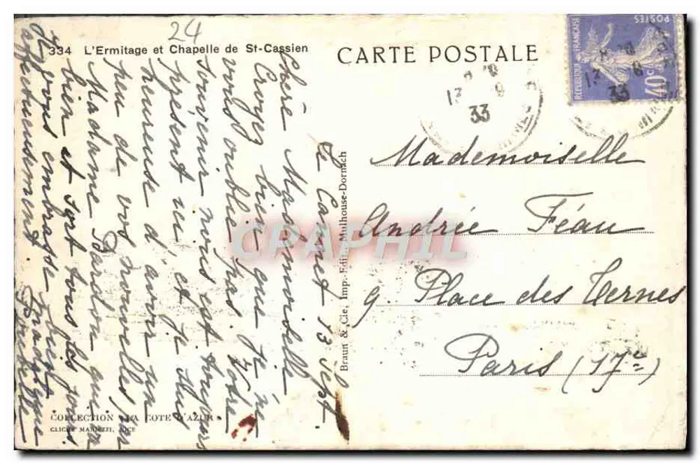 O Ermitério e Capela de São Cassiano — Braun & Cie, Imp. Ed. Milhouse-Dormach, n°334 - Verso