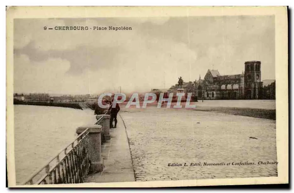 Cherbourg - Place Napoléon — vista da promenade e do monumento — Édition L. Editti, Nouveautés et Confections, Cherbourg - Frente